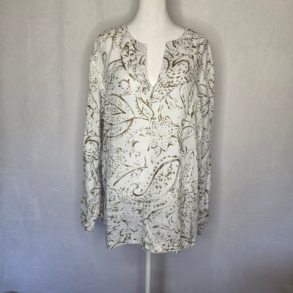 Lauren Ralph Lauren linen paisley tunic top featuring a split Vneck long sleeves